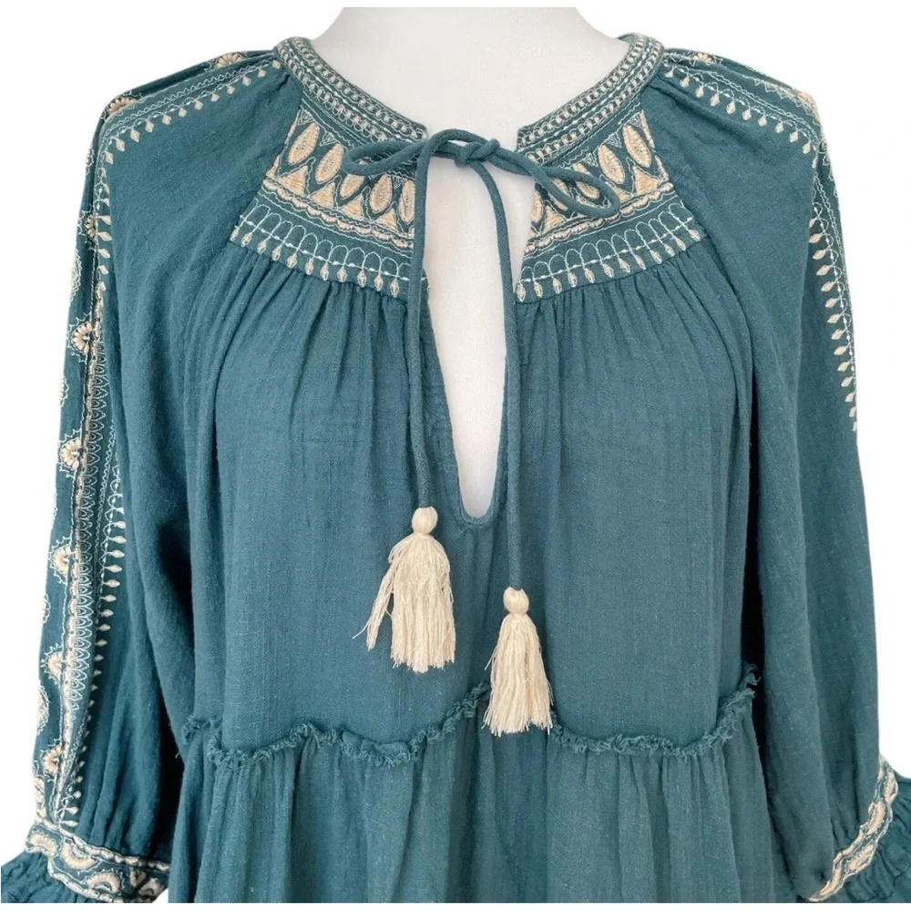 Free People Embroidered Boho Peasant Tunic Top Teal Blue Women’s Medium - Picture 5 of 16